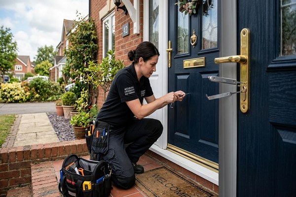 Emergency lockout service — a technician opening a residential door